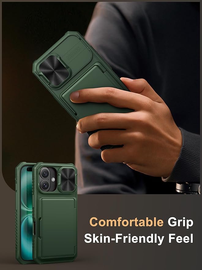 Vihibii for iPhone 16 Case with Card Holder (4 Cards) [RFID Blocking] & Slide Camera Cover, Military Grade Drop Protection, Rugged Hard Back & Silicone Edge Wallet Phone Cover, 6.1" 2024, Green