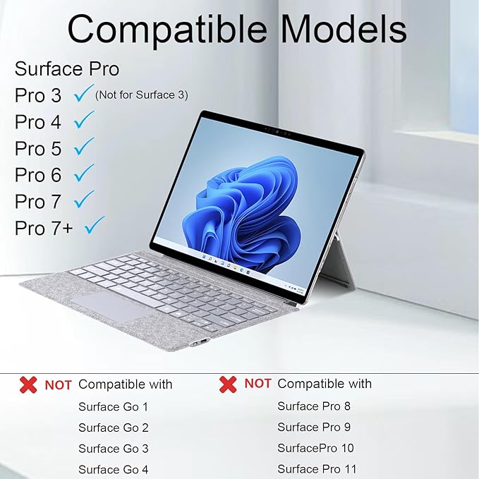 Type Cover for Microsoft Surface Pro 7+ / Pro 7 / Pro 6 / Pro 5 / Pro 4 / Pro 3, 12.3 inch, Ultra-Slim Wireless Tablet Keyboard with Multi Touchpad Bluetooch (Light Gray)