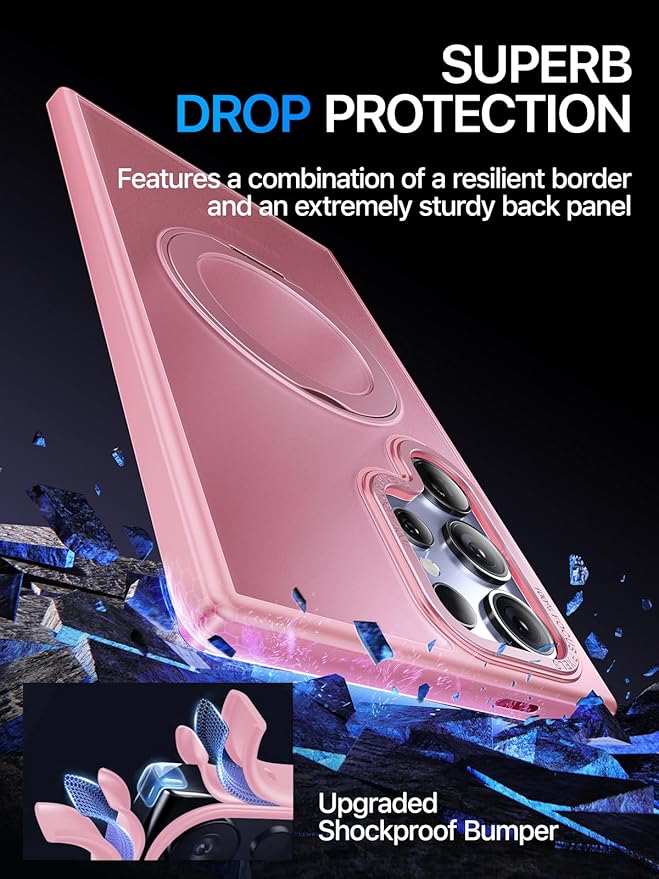 QTlier for Samsung Galaxy S24 Ultra - 360 Rotatable Magnetic Ring Stand Case, Military-Grade Protection, Raised Camera Frame, Pink