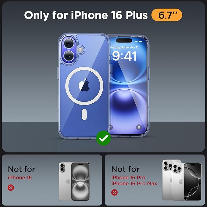 Miracase Magnetic Clear for iPhone 16 Plus Case [Compatible with MagSafe] [with 2X Screen Protectors] Military-Grade Protection, Anti-Fingerprint, Slim Phone Case for 16 Plus 6.7 inch - Crystal Clear
