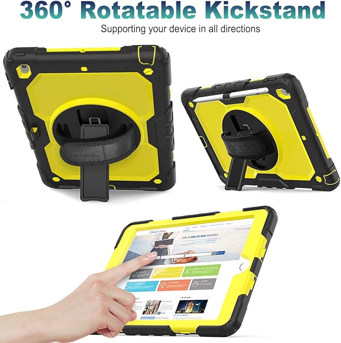 SEYMAC stock Case for iPad 9th/ 8th/ 7th Generation 10.2'', Shockproof with Screen Protector, Pencil Holder [360° Rotating Hand Strap] & Stand, for iPad 10.2 inch 2021-2019 (Yellow+Black)