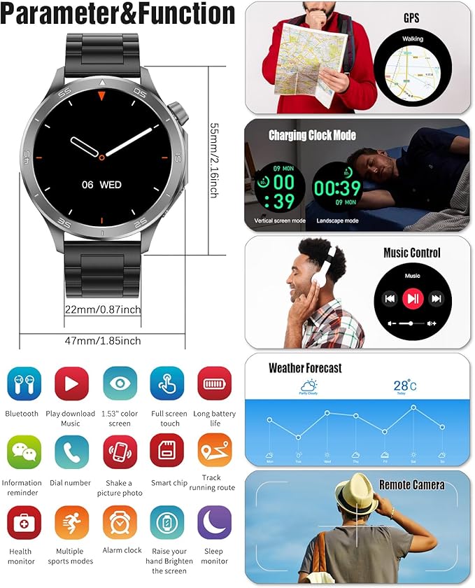 Smart Watch for Men, GPS Sports Mens Smartwatch, 1.53" HD Screen IP67 Waterproof, Answer/Make Call, Heart Rate Monitor, Sleep Tracking, Fitness Tracker, Compatible for Android iOS (Black X2Max)