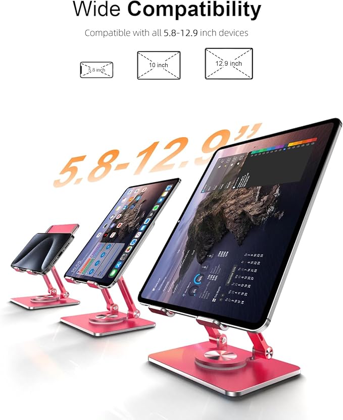 Tablet Stand Holder with Thickened 360°Rotating Base Dual Rod Adjustable Aluminum Stand for All 5.8-12.9” iPad Samsung Phone Tablet Kindle E-Reader and More, Gold