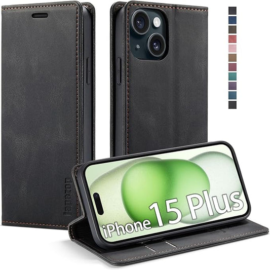 japezop iPhone 15 Plus 5G Wallet Case with RFID Blocking, Card Holder Kickstand Magnetic Leather Flip Case Wallet for iPhone 15 Plus 5G 6.7 Inch(Black)