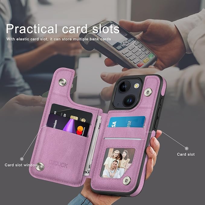DJDUCK Designed for iPhone 14 Case Wallet with Card Holder, [Magnetic Clasp Cover] [RFID Blocking Leather Protection] Shockproof Women Men Cases 6.1 Inch for Apple 14 Light Purple