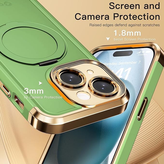 COOLQO for iPhone 15 Case 6.1'' Upgraded 360° Spin Magnetic Stand [Compatible with Magsafe][Military Protection] Plating Matte Scratch-Resistant Back Protective Shockproof Phone Case, Matcha Gold