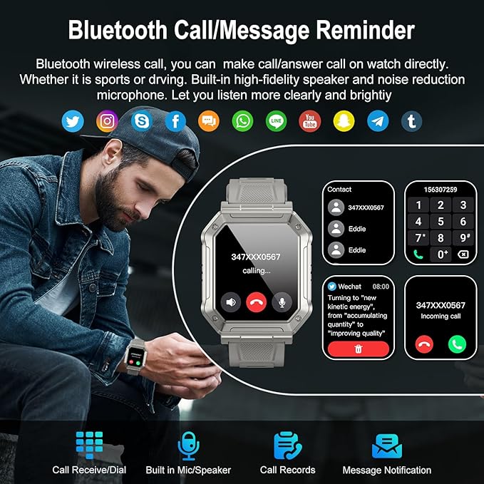 Smart Watch for Men Fitness Tracker: Military Smart Watches for Men Digital Mens Watches Make/Answer Call Running Waterproof Smartwatch Android Phones iPhone Samsung Compatible Heart Rate Monitor