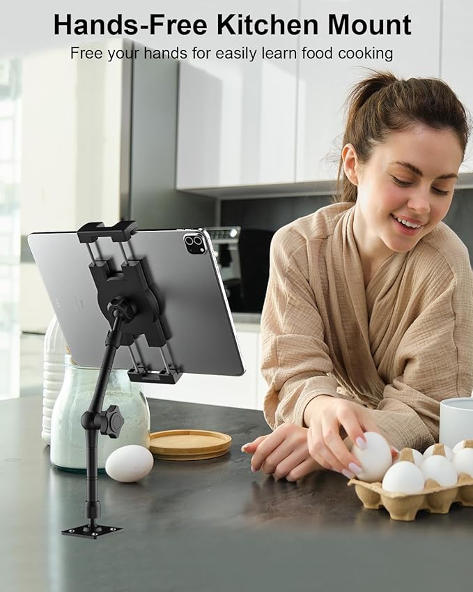 Metal Tablet Wall Mount Holder with 360° Adjustable Foldable Arm, for iPad Pro Air Mini | Galaxy Tab | Kindle Fire | Switch | 4.7-13" Device, for Kitchen Cabinet | Home | Desk | Under Counter | Office
