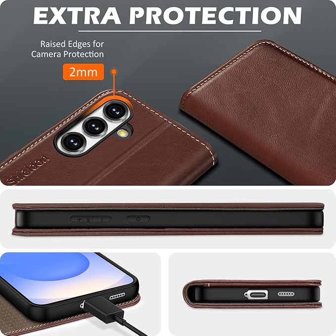 SHIELDON Wallet Case for Galaxy S25 FE 5G, Genuine Leather Case with RFID Blocking Credit Card Holder Kickstand Magnetic Folio Protective Cover Compatible with Galaxy S25 FE 6.7" 2025 - Retro Coffee