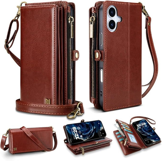 for iPhone 17 Wallet Phone Case with 7 Card Holder,RFID Blocking | PU Leather | Kickstand | Flip | Wrist Strap&Shoulder Strap | Shockproof | Zipper Wallet | Women Men | 6.3" | Brown