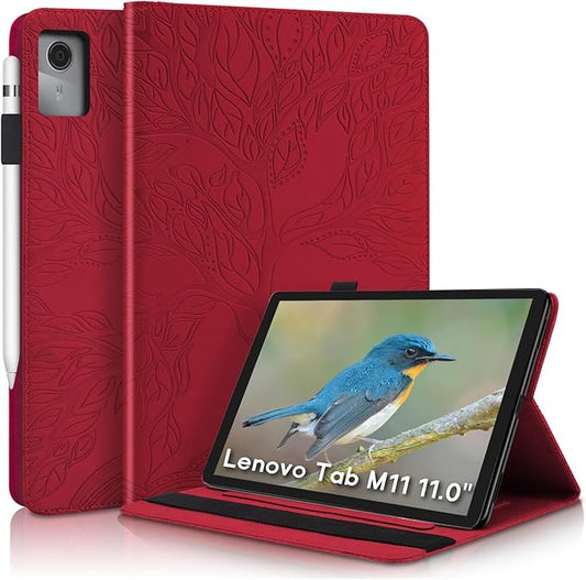 Portfolio Cover for Lenovo Tab M11 / K11, Unique Tree Design with Card Slots, Slim and Lightweight with Magnetic Auto Sleep, Precise Cutouts Case Compatible with Lenovo Tablet M11 TB-330FU Wine Red
