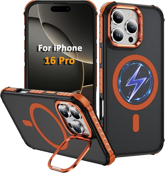 Magnetic for iPhone 16 Pro Case Orange with MagSafe Wireless Charging Heavy Duty Military-Grade Shockproof Protection Adjustable Kickstand Slim Matte Anti-Fingerprint Cover Men Women