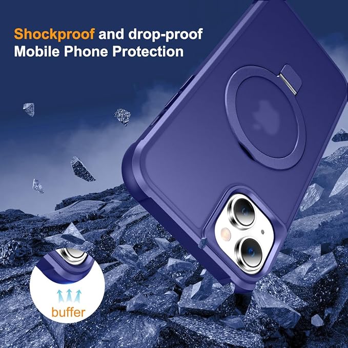 Magnetic Compatible with iPhone 15 Case with Stand [Military Grade Drop Tested][Compatible with Magnet] Ring Translucent Slim Hard Back Soft Edge, Blue