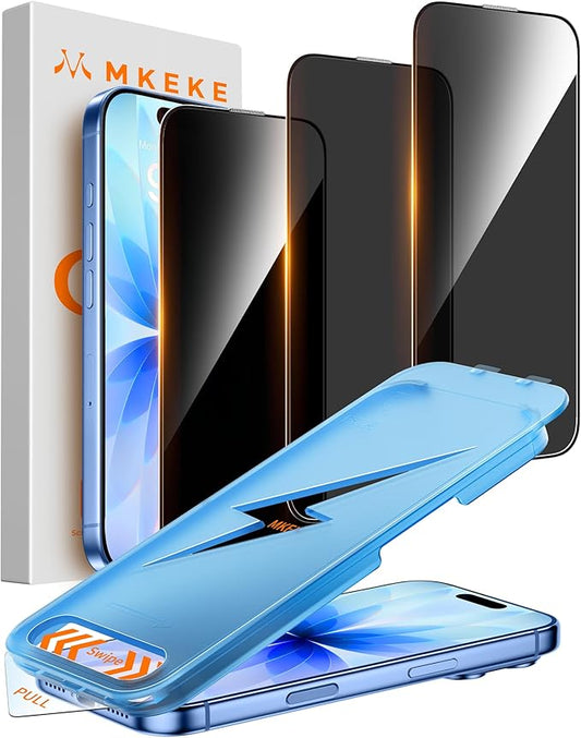 Mkeke for iPhone 17 Privacy Screen Protector 3 Pack, 25° Anti Spy & Auto Installation Privacy Screen Protector 9H+ Hardness Full Edge Coverage Tempered Glass for iPhone 17 6.3 inch 2025