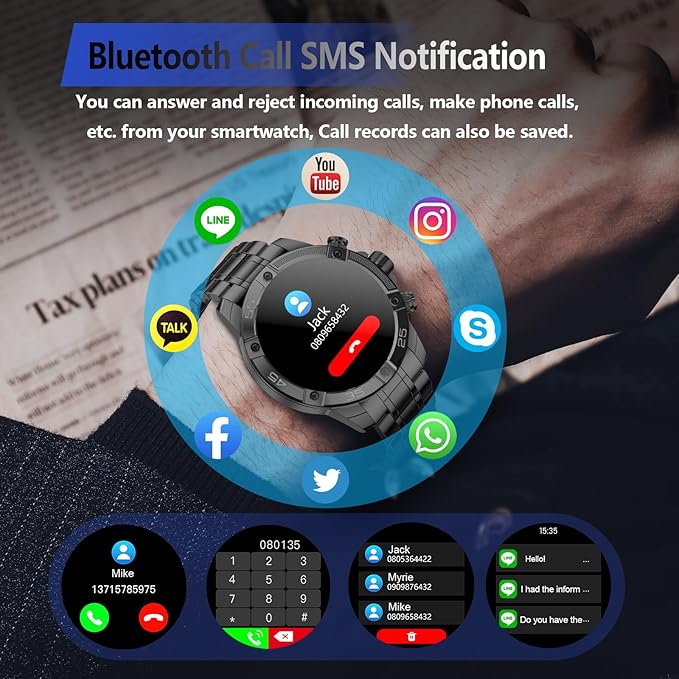 Smartwatch for Men 1.53-Inch Luxury Business Sports & Fitness Men's Watch, IP67 Water Resistant, 440mAh Extended Standby, Multi-Sport Mode and Monitor, Supports IOS 8.0 and Android 4.4 (Steel Black)