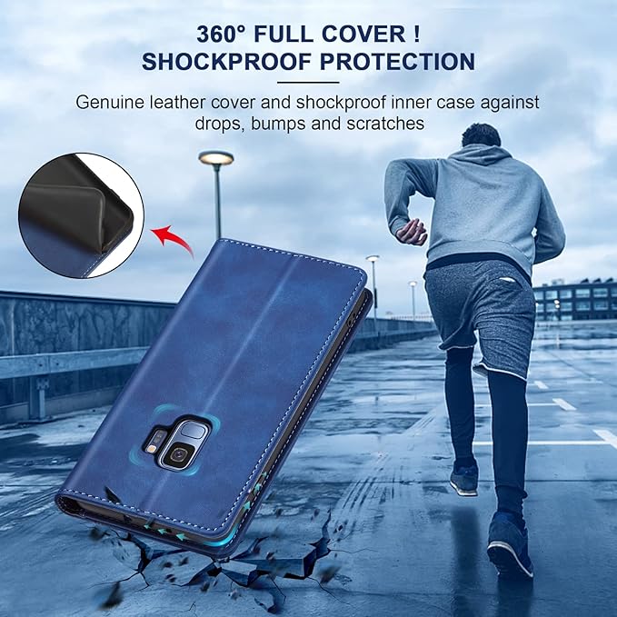 Jasonyu Flip Wallet Case for Samsung Galaxy S9,Leather Magnetic Folio Cover with Card Holder,Kickstand - TPU Shockproof Durable Protective Phone Case,Blue