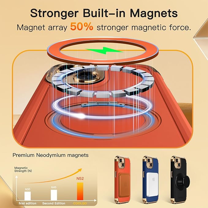 COOLQO for iPhone 15 Case 6.1'' Upgraded 360° Spin Magnetic Stand [Compatible with Magsafe][Military Protection] Plating Matte Scratch-Resistant Back Protective Shockproof Phone Case, Orange Gold
