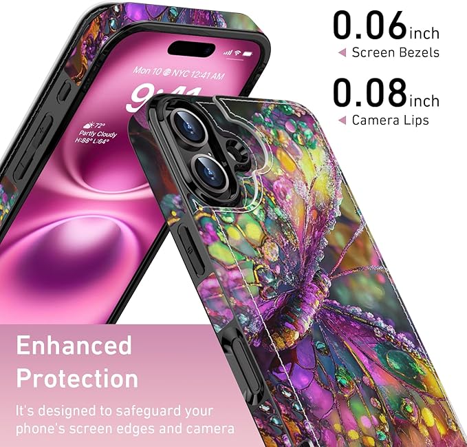 FUNMIKO for iPhone 16 Wallet Case with Card Holder, RFID-Blocking, Military-Grade Protection & UV-Printed Artwork, Magnetic Closure with Leather Kickstand - Vibrant Elegant Butterfly