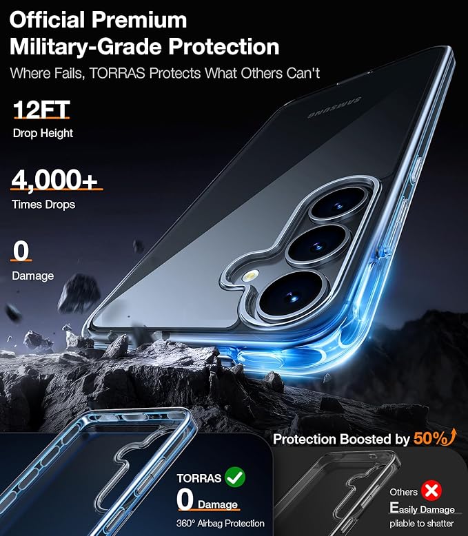 TORRAS Guardian Shockproof for Samsung Galaxy S25 Case, [12FT Military Grade Drop] Thin & Soft Touch for Samsung S25 Case, Transparent Protective Slim Case for Samsung S25, Diamond Clear