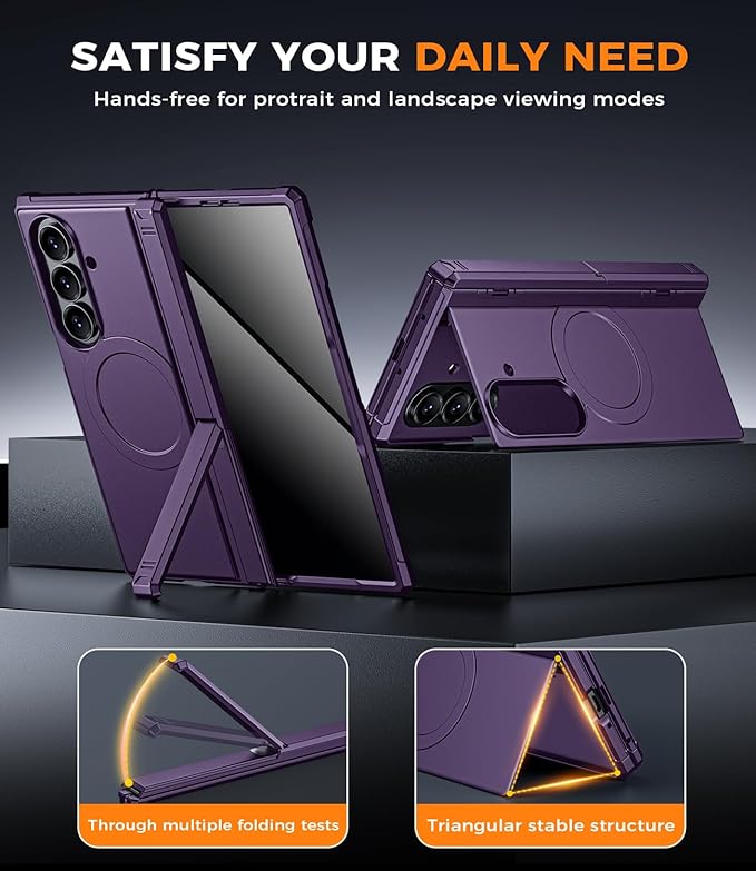 for Samsung Galaxy Z-Fold-7 Case: Magnetic Shockproof Rugged [Dual-Stand] [Hinge Protection] [Fit for Magsafe] [Anti Spy] Full-Body Silicone Women Men Cover for ZFold 7 5G 2025 (Purple)