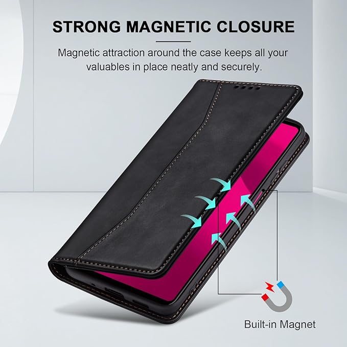 Jasonyu Flip Wallet Case for T-Mobile Revvl 7 Pro,Leather Magnetic Folio Cover with Card Holder,Kickstand - TPU Shockproof Durable Protective Phone Case,Black