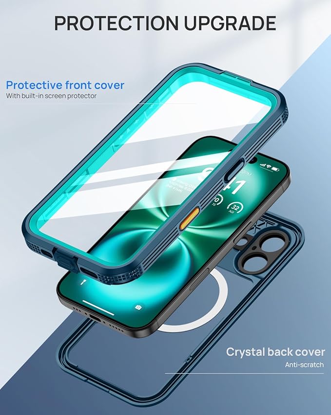 Lanhiem Magnetic for iPhone 16 Plus Case, IP68 Waterproof Dustproof Case, [Compatible with Magsafe] [Built-in Screen Protector] Full Body Heavy Duty Rugged Phone Cover 6.7 inch, Blue/Clear