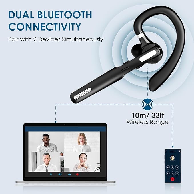 Bluetooth Headset, Wireless Bluetooth Earpiece V5.0 Hands-Free Earphones with Built-in Mic for Driving/Business/Office, Compatible with iPhone and Android (Black)