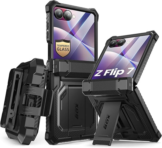 i-Blason for Samsung Galaxy Z Flip 7 Case with Stand, [Tempered Glass Screen Protector] [Hinge Protection] [Belt-Clip], Full-Body Military Protection Phone Case for Samsung Z Flip 7, Armorbox, Black