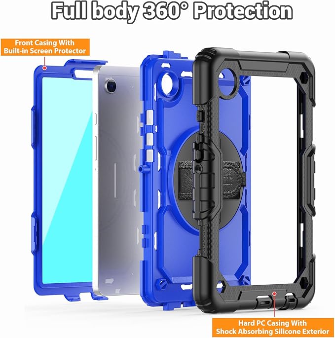 SEYMAC for Samsung Galaxy Tab A9 Case 8.7 Inch 2023 (SM-X110/X115/X117), Heavy Duty Shockproof Protective Case with Screen Protector, Rotating Stand, Hand/Shoulder Strap and Pen Holder, Blue