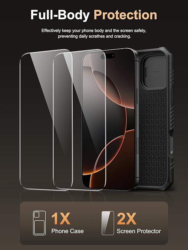 Vihibii for iPhone 16 Pro Case with [2X Screen Protector], Built-in Card Holder (4 Cards), [RFID Blocking] & Slide Camera Cover & Tempered Glass Films, Rugged Wallet Cover for 16 Pro 6.3" 2024, Black