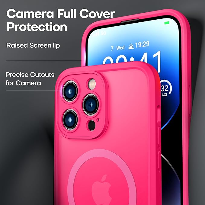 ImpactStrong Magnetic Guard Designed for iPhone 14 Pro Case [Camera Protection] [Military Grade Drop Tested] [Compatible with MagSafe] Slim Translucent Matte Phone Case (6.1") - Hot Pink