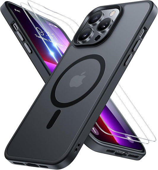 Miracase Magnetic for iPhone 13 Pro Case 6.1 inch (Compatible with MagSafe)（with 2X Screen Protectors） Military-Grade Protection, Anti-Fingerprint Translucent Matte Phone Case Cover, Black