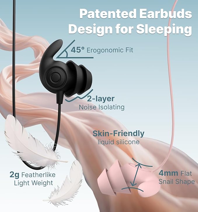 Hmusic Wired Sleep Headphones,3.5mm Wired Sleeping Earbuds,30dB Noise Isolate Sleep Earplugs,2g Lightweight Soft Silicone,Snail Flat Thin Bed Earphones for Air Travel,Work,Audio Book,Meditation