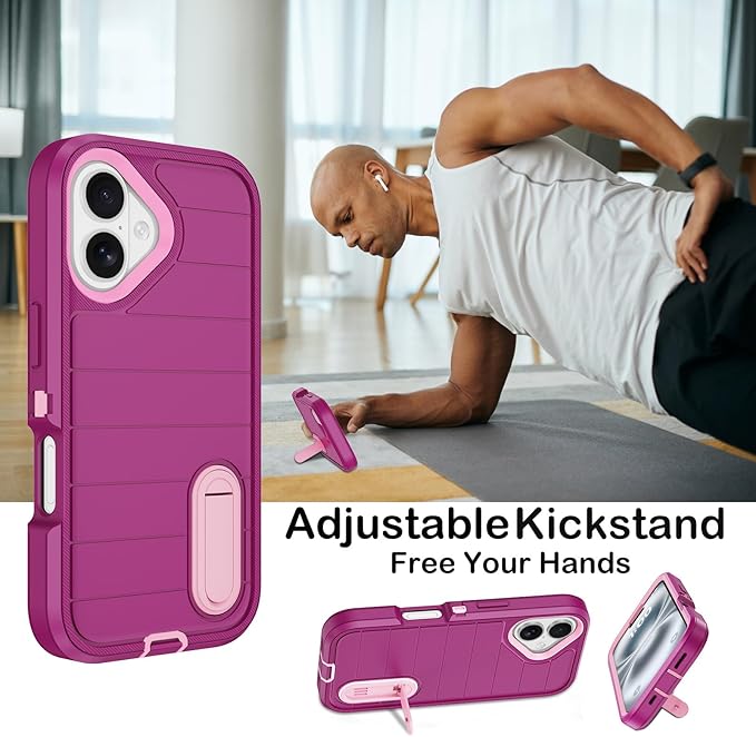 for iPhone 16 Case with 2 Screen Protectors,Heavy Duty Shockproof Drop Protection Military Grade Tri-Layer Rugged Cell Phone Cover with Built-in Invisible Kickstand 6.1“ (Purple)