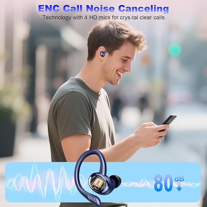 Wireless Earbuds Sport, 2025 Bluetooth 5.4 Headphones with Earhooks, 50H Stereo Deep Bass Over Ear Buds with 4 ENC Noise Canceling Mics, IP7 Waterproof Earphones for Running Workout Gym -Blue