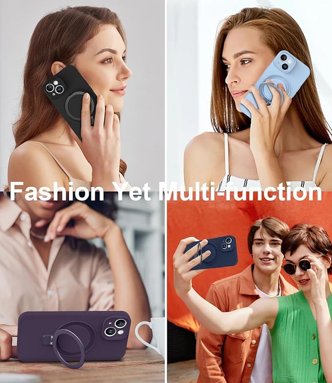 ZHK Liquid Silicone Designed for iPhone 15 Plus Case with Magnet Stand, [Precise Camera Lens Protection][Mil-Grade Drop Shockproof][Soft Anti-Scratch Microfiber Lining] Slim Fit Cover, Black