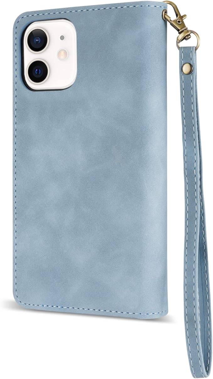 ZZXX for iPhone 12 Case Wallet with Card Slot Premium Soft PU Leather Zipper Folio with Wrist Strap Kickstand Protective for iPhone 12 Pro (Light Blue, 6.1 inch)