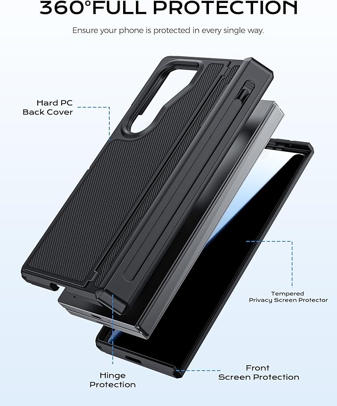 for Samsung Galaxy Z Fold 5 Case with S Pen Holder & Privacy Screen Protector & Kickstand & Hinge Protection, Full Body Cover Hard Non-Slip Shockproof Case for Galaxy Z Fold 5 (Black)