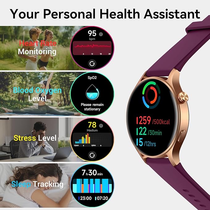 Fitpolo Smart Watch for Women,1.3" AMOLED Touchscreen Fitness Tracker, Make/Answer Calls, Heart Rate SpO2 Monitor,IP68 Waterproof,Sleep Activity Tracking Smartwatch for Android Phones iPhone (Purple)