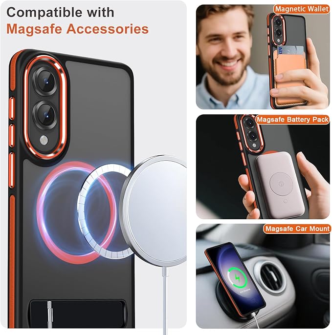 Case for Samsung Galaxy S25 Edge with Adjustable Stand, Slim Phone Case Fits for Magsafe, Color Hybrid Shockproof Protective Cover for Galaxy S25 Edge, Enhanced Non-Slip Grip (Black/Orange)