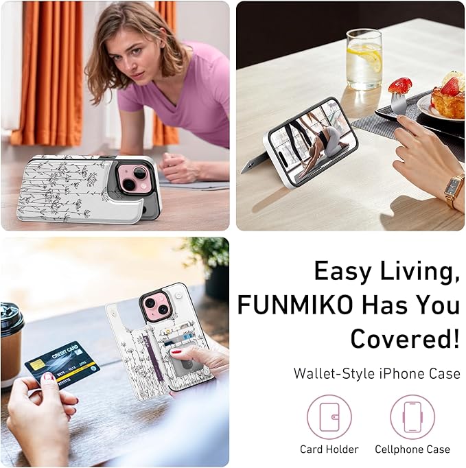 FUNMIKO for iPhone 14 Wallet Case with Card Holder, RFID-Blocking, Military-Grade Protection & UV-Printed Artwork, Magnetic Closure with Leather Kickstand - Elegantly Sketched Flower