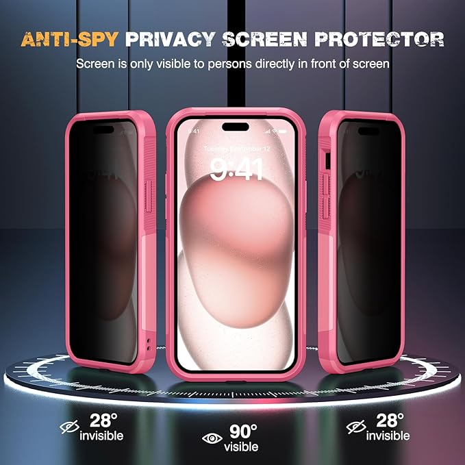 Diaclara Designed for iPhone 15 PlusCase, [with Privacy Screen Protector] [Anti Spy] [Military Grade Drop Protection] Heavy Duty Full-Body Shockproof Phone Case, Pink