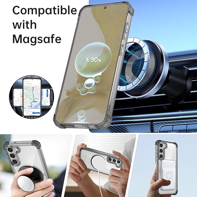 for Samsung Galaxy S22 Plus Case Magnetic Compatible with MagSafe with Screen Protector,for S22+Plus Phone Case with Kickstand Ring Military Grade Drop Heavy Duty Protection Shockproof Black