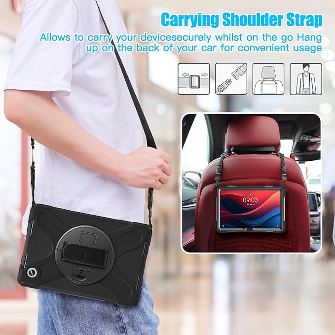 TSQQST Case for Lenovo Tab M11 (TB330FU/TB330XU) with Rotating Stand+Hand Strap | Military Grade Heavy Duty Rugged Protective Case for Tab K11 LTE 2024/ Lenovo Xiaoxin Pad 2024 (TB331FC) | Black