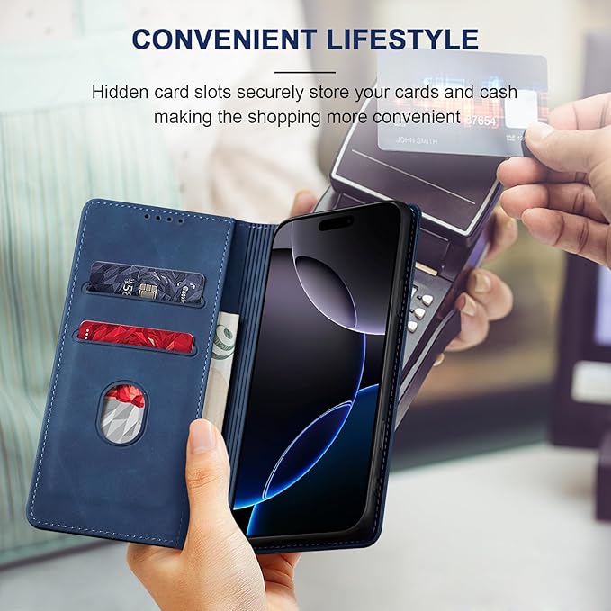 Jasonyu Flip Wallet Case for iPhone 16 Pro Max,Leather Magnetic Folio Cover with Card Holder,Kickstand - TPU Shockproof Durable Protective Phone Case,Blue