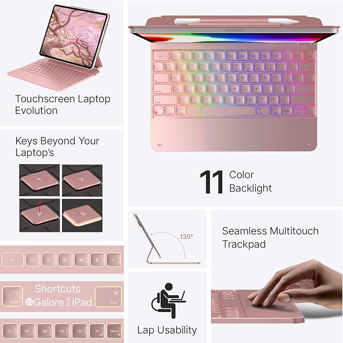 typecase Keyboard Case for iPad Air 13(M3 2025 / M2 2024) and iPad Pro 12.9 (6th, 5th, 4th, 3rd Gen),Magic Keyboard, Easy-Set Magnetic Stand,Multi-Touch Trackpad, 11 Colors Backlight,Rose Gold