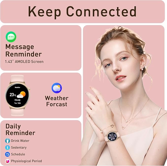 Smart Watch for Women Men(Answer/Make Calls) 1.43" HD Fitness Tracker Watchs with IP68 Waterproof/100+ Sports Modes/Heart Rate Sleep Monitor/Counter for Android/iPhone, Pink