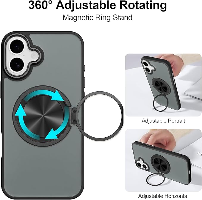 ZIYE Black Case for iPhone 16 Plus Case with Stand [Compatible with MagSafe] Slim Heavy Duty Protection Military Grade Shockproof Magnetic Cover with 360 Rotatable Ring Kickstand for Women Men