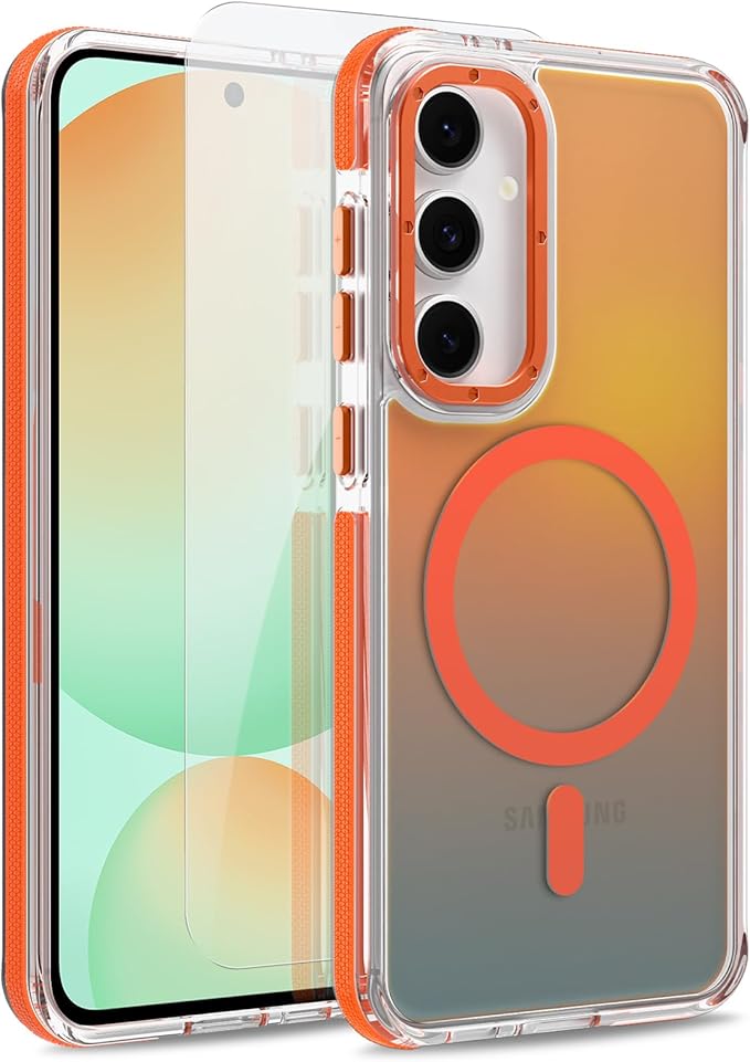 MOWIME Magnetic Case for Samsung Galaxy S24 FE [Compatible with Magsafe] [Cute Fashion Fluorescent Design] [1 Screen Protector] Slim Translucent Matte Case for Galaxy S24 FE 6.7", Orange
