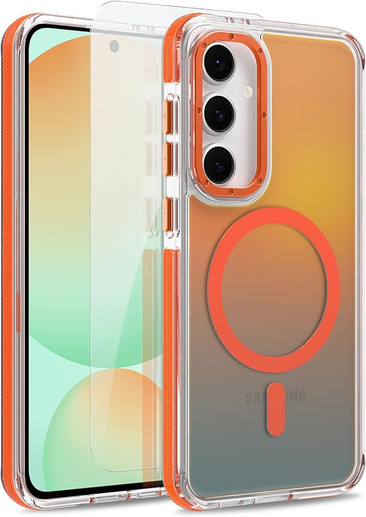 MOWIME Magnetic Case for Samsung Galaxy S24 FE [Compatible with Magsafe] [Cute Fashion Fluorescent Design] [1 Screen Protector] Slim Translucent Matte Case for Galaxy S24 FE 6.7", Orange